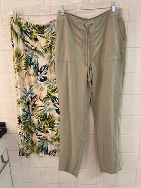 Chico's Light Sage Drawstring Casual Trousers and Tropical Midi Skirt set